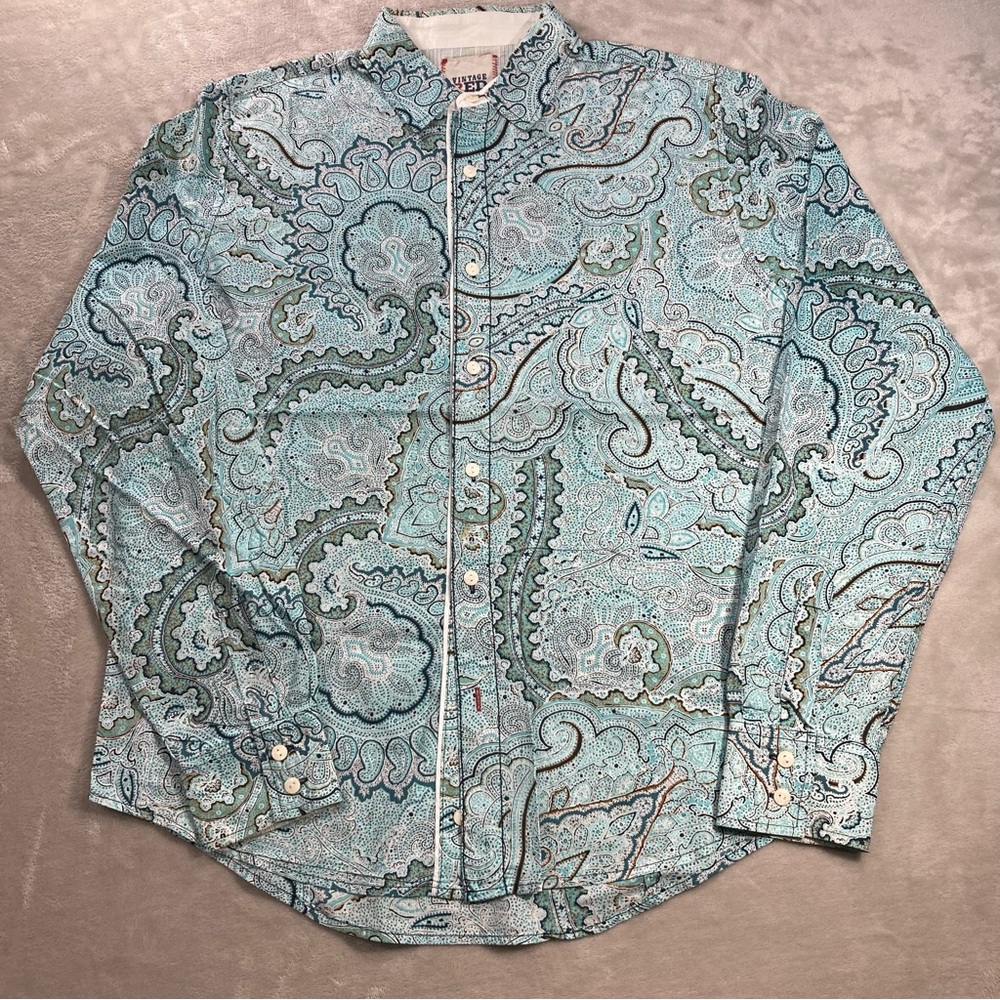 Vintage Red Blue Paisley Button Shirt Long Sleeve Men's Sz M